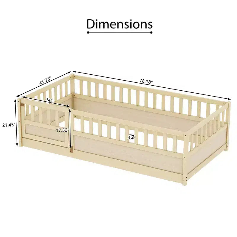 Okak Twin Floor Bed Frame with Extra-Tall Safety Rails, Bed Frame with Convenient Entry Door, Wood Bed Frame for Bedroom, Natural Wood