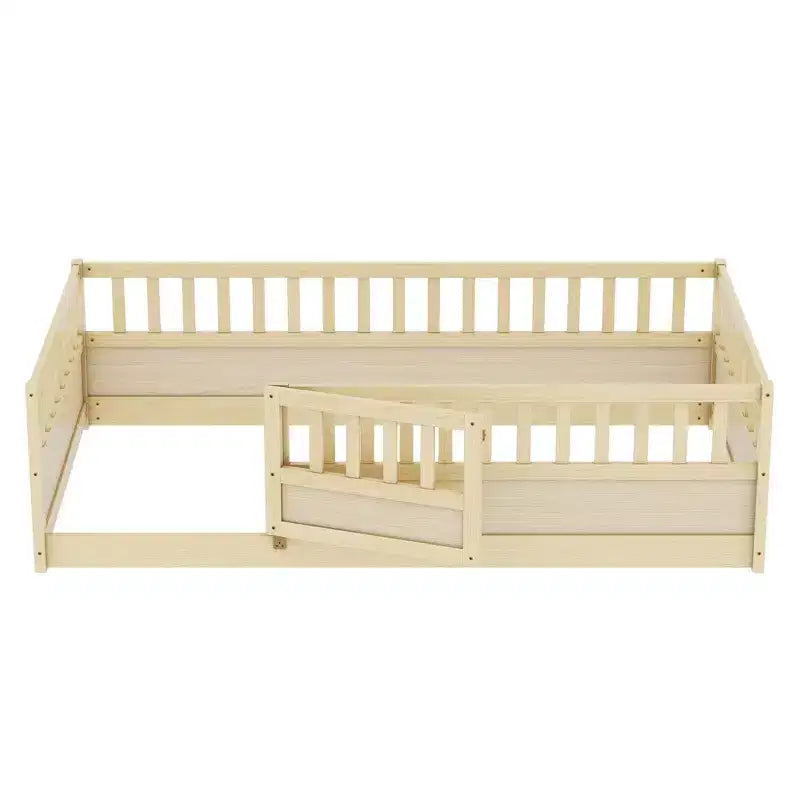 Okak Twin Floor Bed Frame with Extra-Tall Safety Rails, Bed Frame with Convenient Entry Door, Wood Bed Frame for Bedroom, Natural Wood