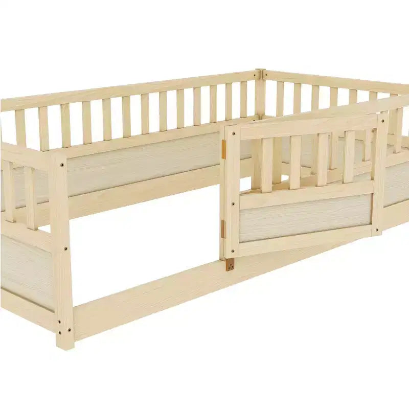 Okak Twin Floor Bed Frame with Extra-Tall Safety Rails, Bed Frame with Convenient Entry Door, Wood Bed Frame for Bedroom, Natural Wood
