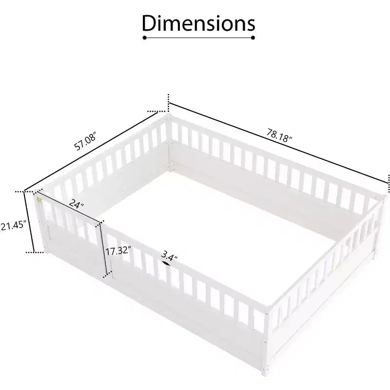 Okak Full Floor Bed Frame with Extra-Tall Safety Rails, Wood Bed Frame with Convenient Entry Door for Bedroom, White