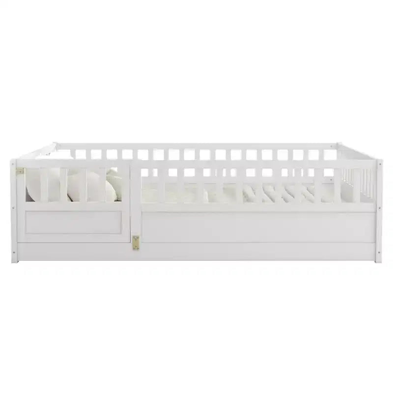 Okak Full Floor Bed Frame with Extra-Tall Safety Rails, Wood Bed Frame with Convenient Entry Door for Bedroom, White
