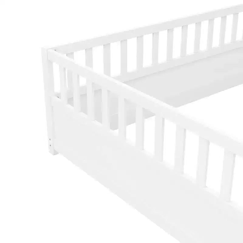 Okak Full Floor Bed Frame with Extra-Tall Safety Rails, Wood Bed Frame with Convenient Entry Door for Bedroom, White