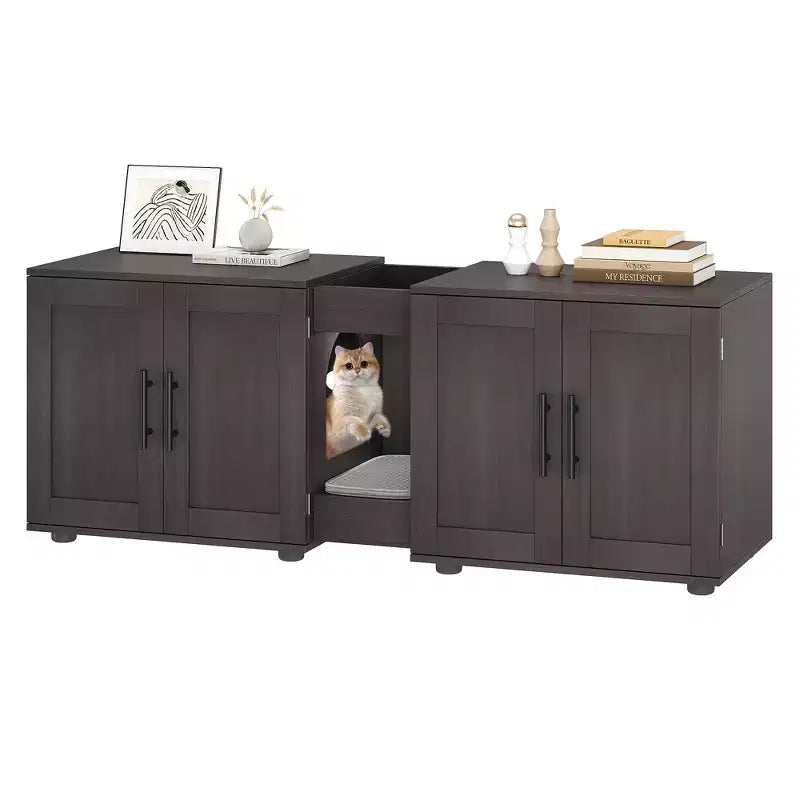 Cat Litter Box Enclosure for 2 Cats, Litter Box Cabinet Hidden with with Scratch Pad, Wooden Washroom Furniture with Double Room, Large Storage Space