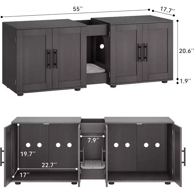 Cat Litter Box Enclosure for 2 Cats, Litter Box Cabinet Hidden with with Scratch Pad, Wooden Washroom Furniture with Double Room, Large Storage Space