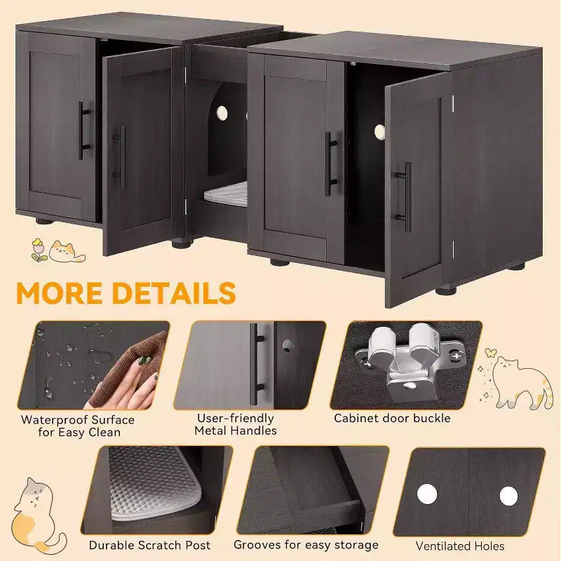 Cat Litter Box Enclosure for 2 Cats, Litter Box Cabinet Hidden with with Scratch Pad, Wooden Washroom Furniture with Double Room, Large Storage Space