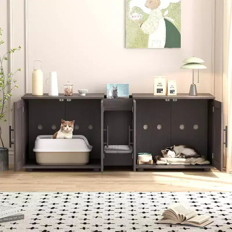 Cat Litter Box Enclosure for 2 Cats, Litter Box Cabinet Hidden with with Scratch Pad, Wooden Washroom Furniture with Double Room, Large Storage Space