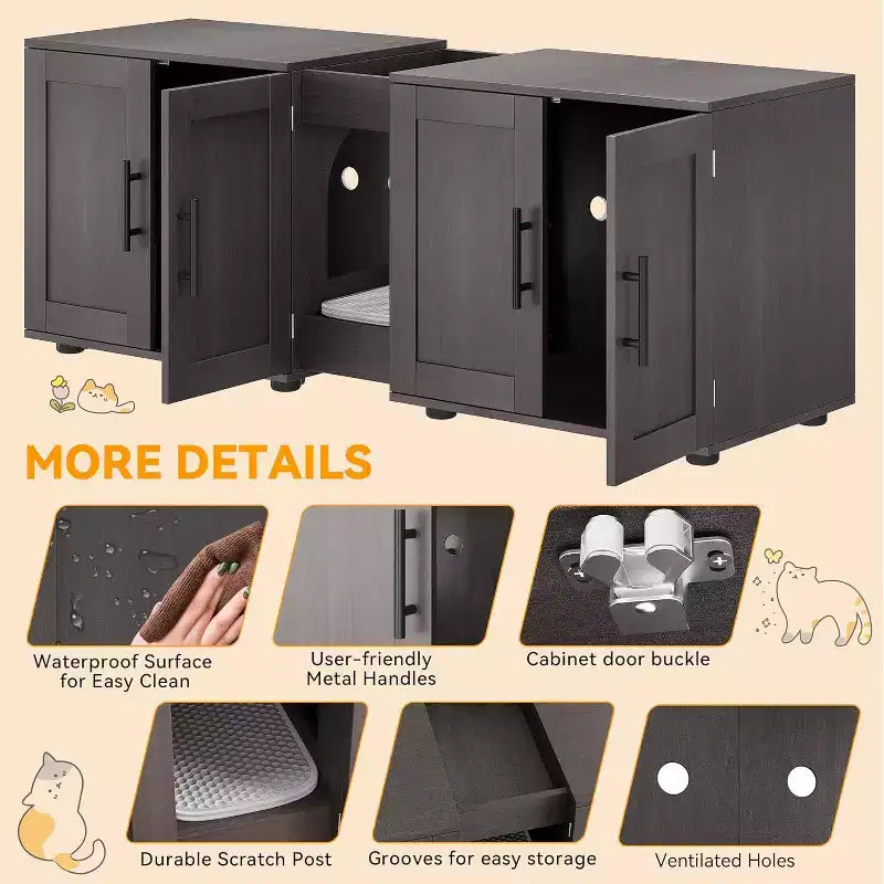 Cat Litter Box Enclosure for 2 Cats, Litter Box Cabinet Hidden with with Scratch Pad, Wooden Washroom Furniture with Double Room, Large Storage Space