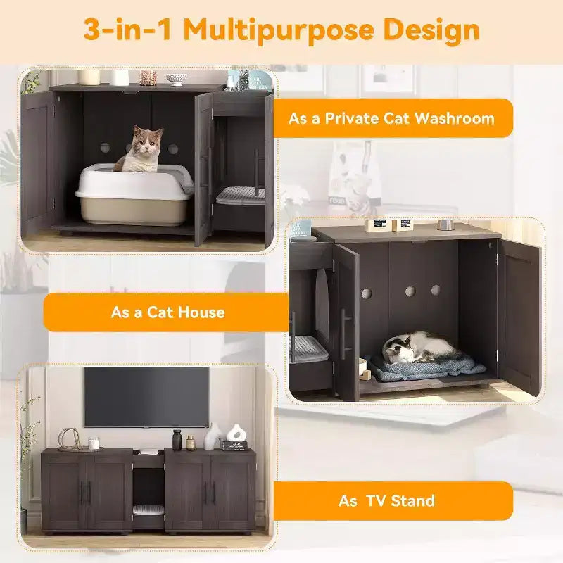 Cat Litter Box Enclosure for 2 Cats, Litter Box Cabinet Hidden with with Scratch Pad, Wooden Washroom Furniture with Double Room, Large Storage Space
