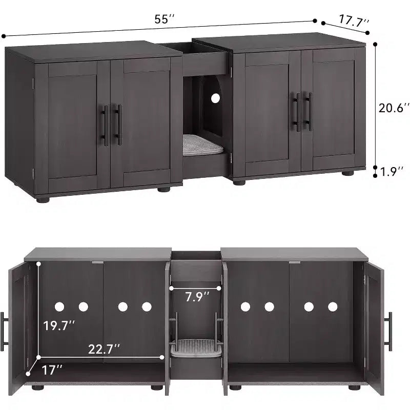 Cat Litter Box Enclosure for 2 Cats, Litter Box Cabinet Hidden with with Scratch Pad, Wooden Washroom Furniture with Double Room, Large Storage Space