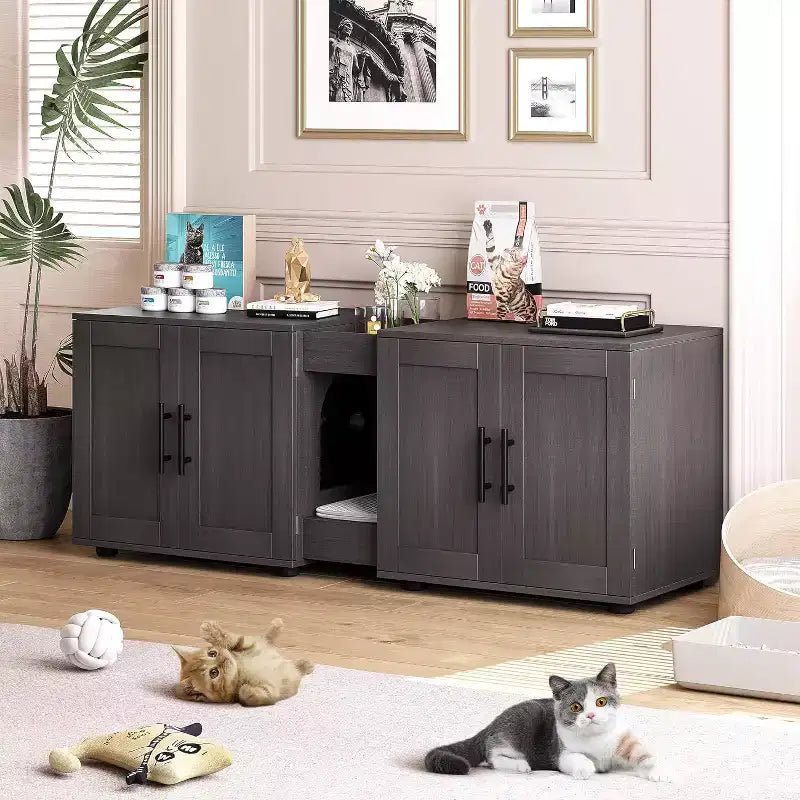 Cat Litter Box Enclosure for 2 Cats, Litter Box Cabinet Hidden with with Scratch Pad, Wooden Washroom Furniture with Double Room, Large Storage Space