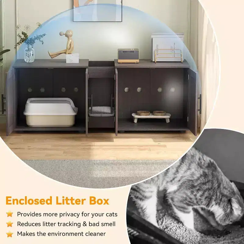 Cat Litter Box Enclosure for 2 Cats, Litter Box Cabinet Hidden with with Scratch Pad, Wooden Washroom Furniture with Double Room, Large Storage Space