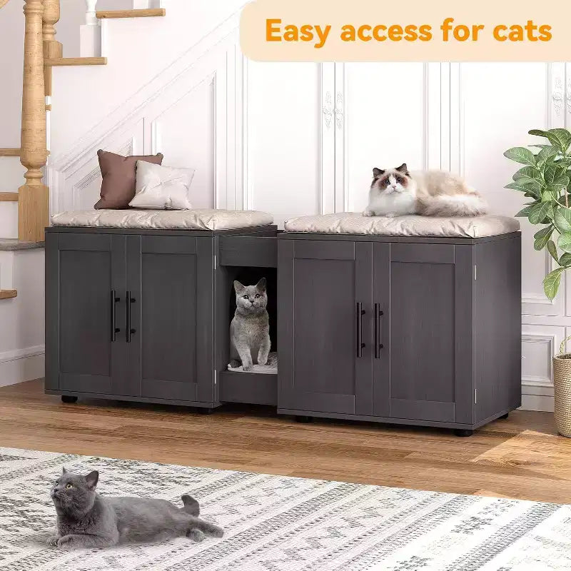 Cat Litter Box Enclosure for 2 Cats, Litter Box Cabinet Hidden with with Scratch Pad, Wooden Washroom Furniture with Double Room, Large Storage Space