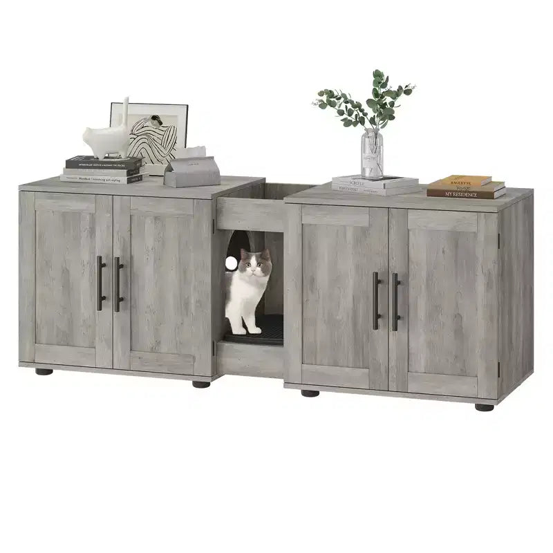 Cat Litter Box Enclosure for 2 Cats, Litter Box Cabinet Hidden with with Scratch Pad, Wooden Washroom Furniture with Double Room, Large Storage Space