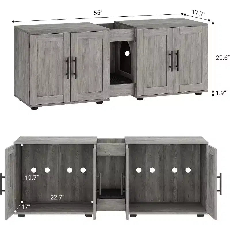 Cat Litter Box Enclosure for 2 Cats, Litter Box Cabinet Hidden with with Scratch Pad, Wooden Washroom Furniture with Double Room, Large Storage Space