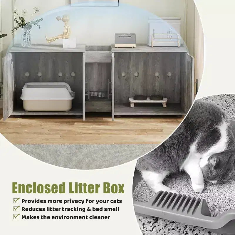 Cat Litter Box Enclosure for 2 Cats, Litter Box Cabinet Hidden with with Scratch Pad, Wooden Washroom Furniture with Double Room, Large Storage Space