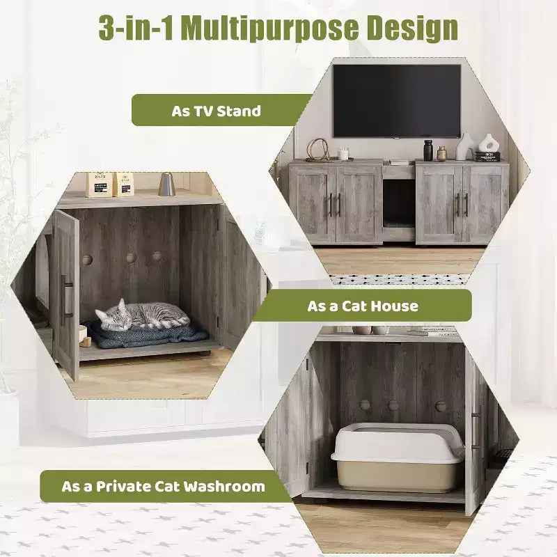Cat Litter Box Enclosure for 2 Cats, Litter Box Cabinet Hidden with with Scratch Pad, Wooden Washroom Furniture with Double Room, Large Storage Space