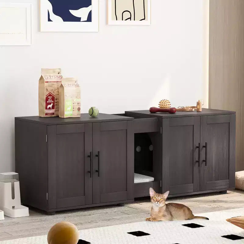 Cat Litter Box Enclosure for 2 Cats, Litter Box Cabinet Hidden with with Scratch Pad, Wooden Washroom Furniture with Double Room, Large Storage Space