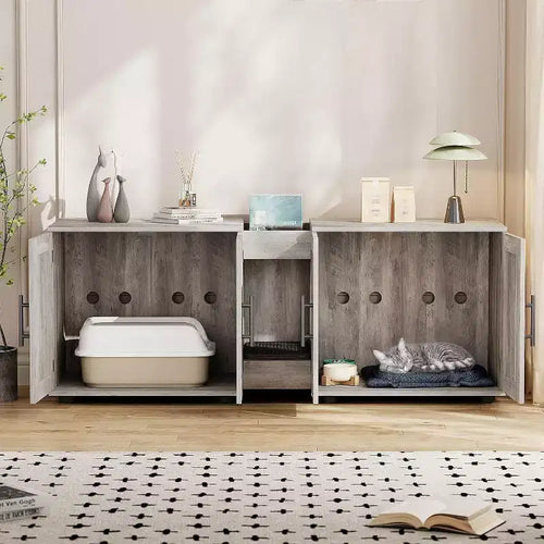 Cat Litter Box Enclosure for 2 Cats, Litter Box Cabinet Hidden with with Scratch Pad, Wooden Washroom Furniture with Double Room, Large Storage Space