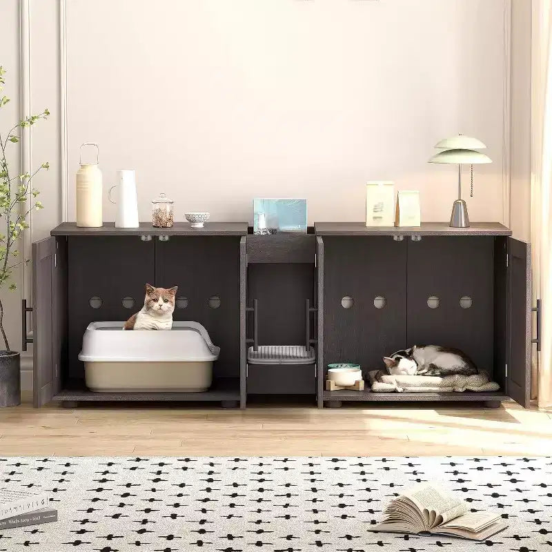 Cat Litter Box Enclosure for 2 Cats, Litter Box Cabinet Hidden with with Scratch Pad, Wooden Washroom Furniture with Double Room, Large Storage Space