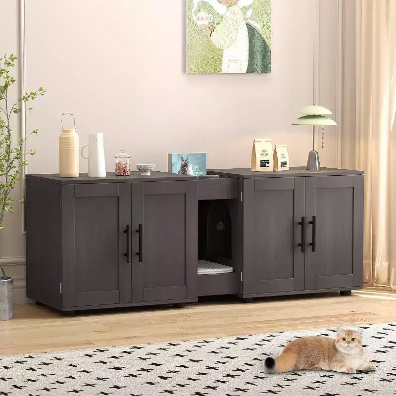 Cat Litter Box Enclosure for 2 Cats, Litter Box Cabinet Hidden with with Scratch Pad, Wooden Washroom Furniture with Double Room, Large Storage Space