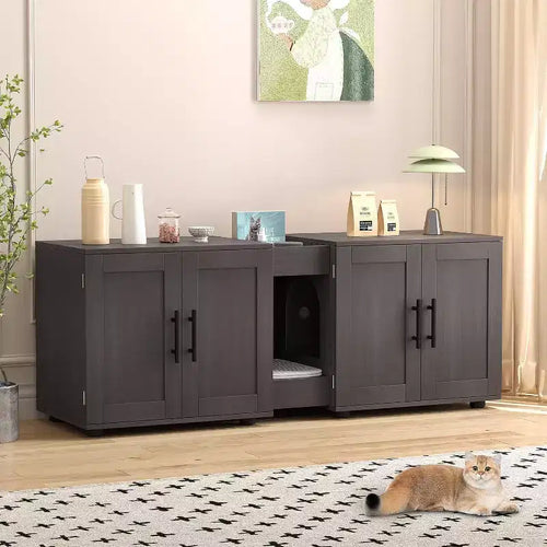 Cat Litter Box Enclosure for 2 Cats, Litter Box Cabinet Hidden with with Scratch Pad, Wooden Washroom Furniture with Double Room, Large Storage Space