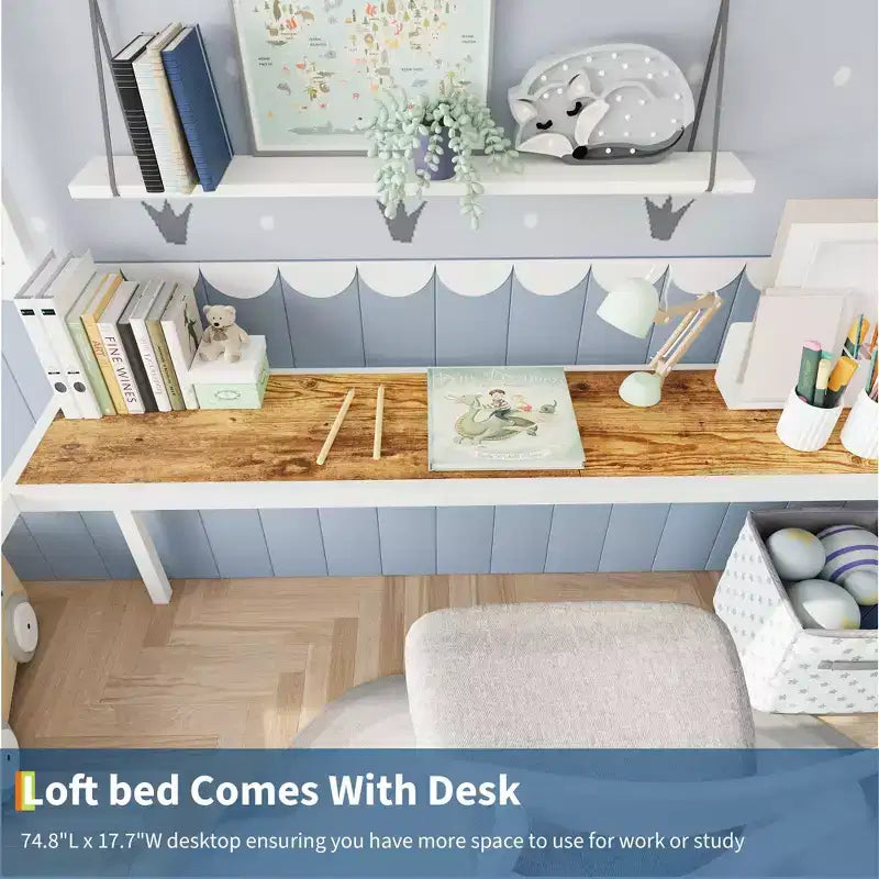 Twin Size Loft Bed with Large Desk and Storage Shelves, Metal Loft Bed with Safety Guardrail and Ladder, Space Saving, Steel Slats Support