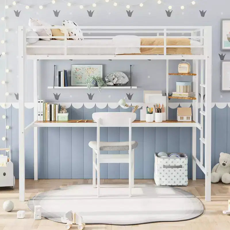 Twin Size Loft Bed with Large Desk and Storage Shelves, Metal Loft Bed with Safety Guardrail and Ladder, Space Saving, Steel Slats Support