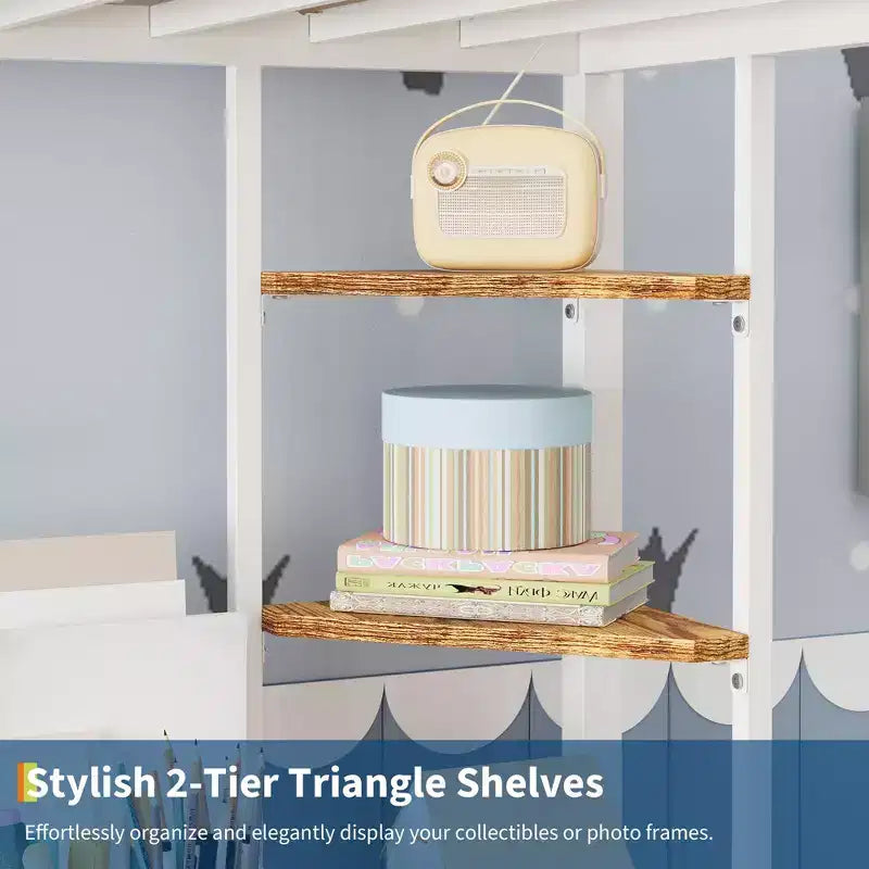 Twin Size Loft Bed with Large Desk and Storage Shelves, Metal Loft Bed with Safety Guardrail and Ladder, Space Saving, Steel Slats Support