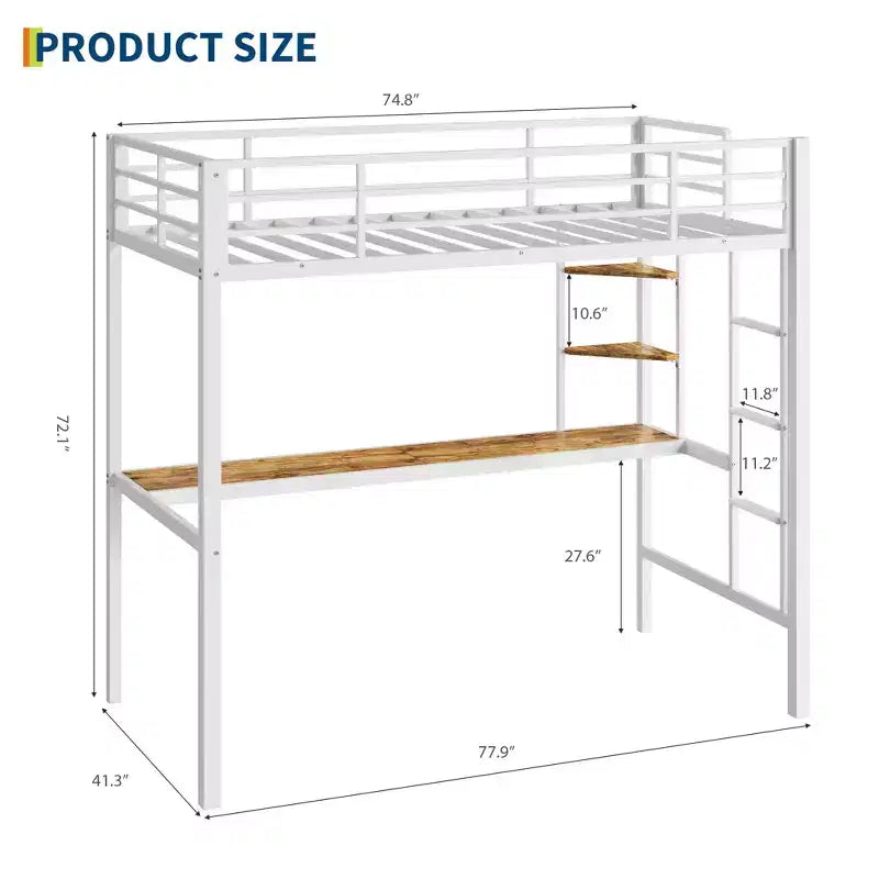 Twin Size Loft Bed with Large Desk and Storage Shelves, Metal Loft Bed with Safety Guardrail and Ladder, Space Saving, Steel Slats Support