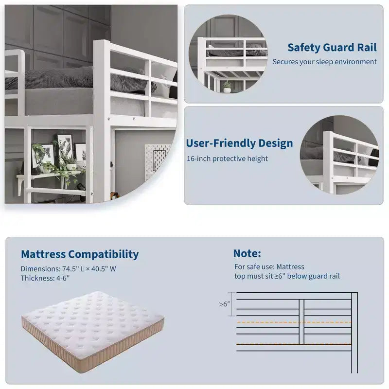 Twin Size Loft Bed with Large Desk and Storage Shelves, Metal Loft Bed with Safety Guardrail and Ladder, Space Saving, Steel Slats Support