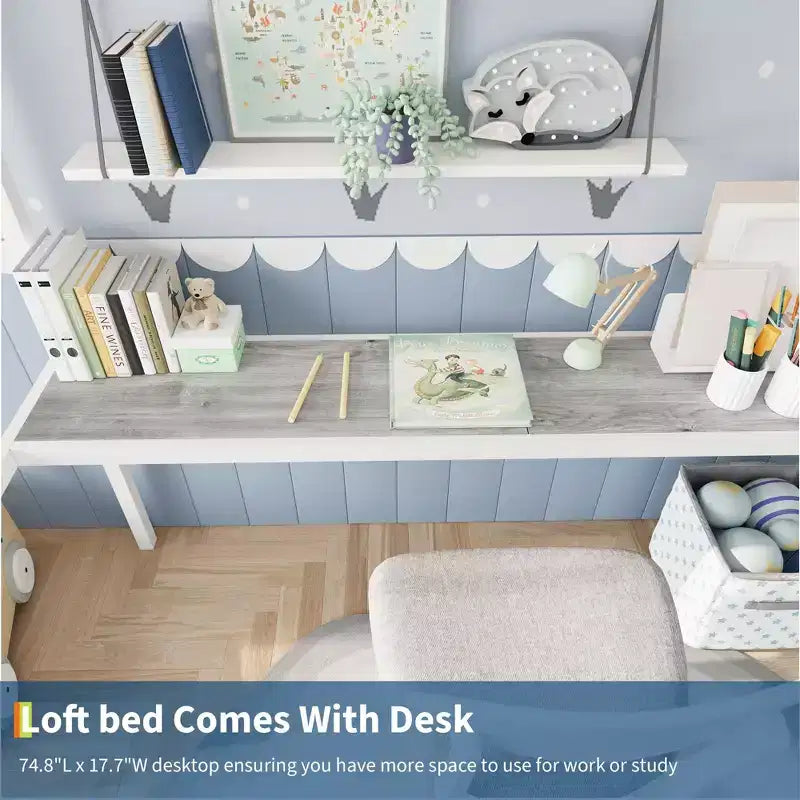 Twin Size Loft Bed with Large Desk and Storage Shelves, Metal Loft Bed with Safety Guardrail and Ladder, Space Saving, Steel Slats Support