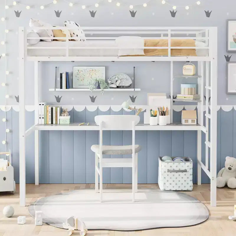 Twin Size Loft Bed with Large Desk and Storage Shelves, Metal Loft Bed with Safety Guardrail and Ladder, Space Saving, Steel Slats Support