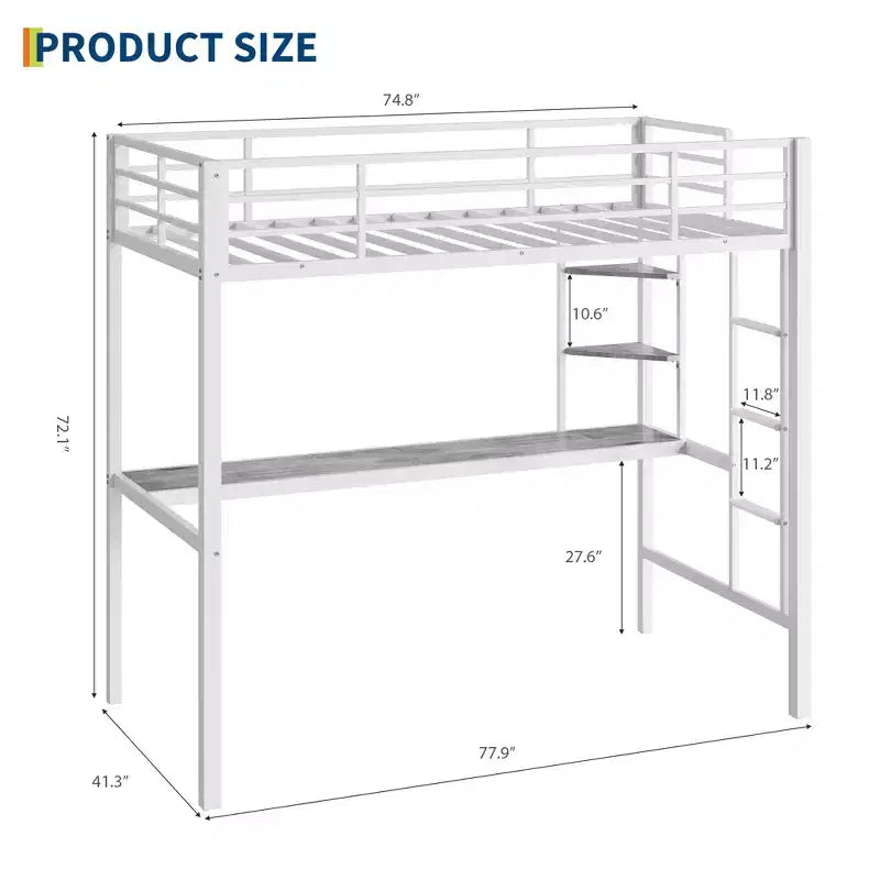 Twin Size Loft Bed with Large Desk and Storage Shelves, Metal Loft Bed with Safety Guardrail and Ladder, Space Saving, Steel Slats Support