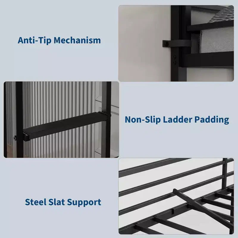Twin Size Loft Bed with Large Desk and Storage Shelves, Metal Loft Bed with Safety Guardrail and Ladder, Space Saving, Steel Slats Support