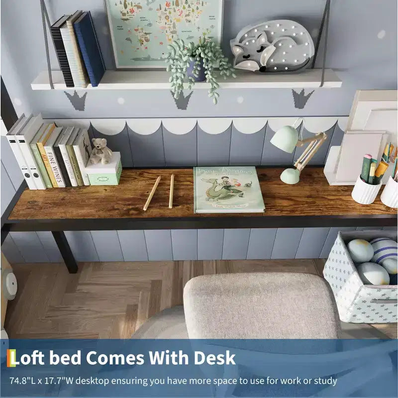 Twin Size Loft Bed with Large Desk and Storage Shelves, Metal Loft Bed with Safety Guardrail and Ladder, Space Saving, Steel Slats Support