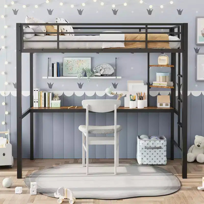 Twin Size Loft Bed with Large Desk and Storage Shelves, Metal Loft Bed with Safety Guardrail and Ladder, Space Saving, Steel Slats Support