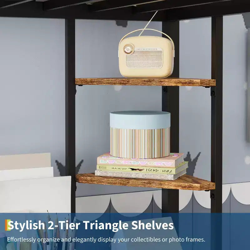 Twin Size Loft Bed with Large Desk and Storage Shelves, Metal Loft Bed with Safety Guardrail and Ladder, Space Saving, Steel Slats Support
