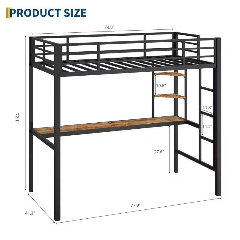 Twin Size Loft Bed with Large Desk and Storage Shelves, Metal Loft Bed with Safety Guardrail and Ladder, Space Saving, Steel Slats Support