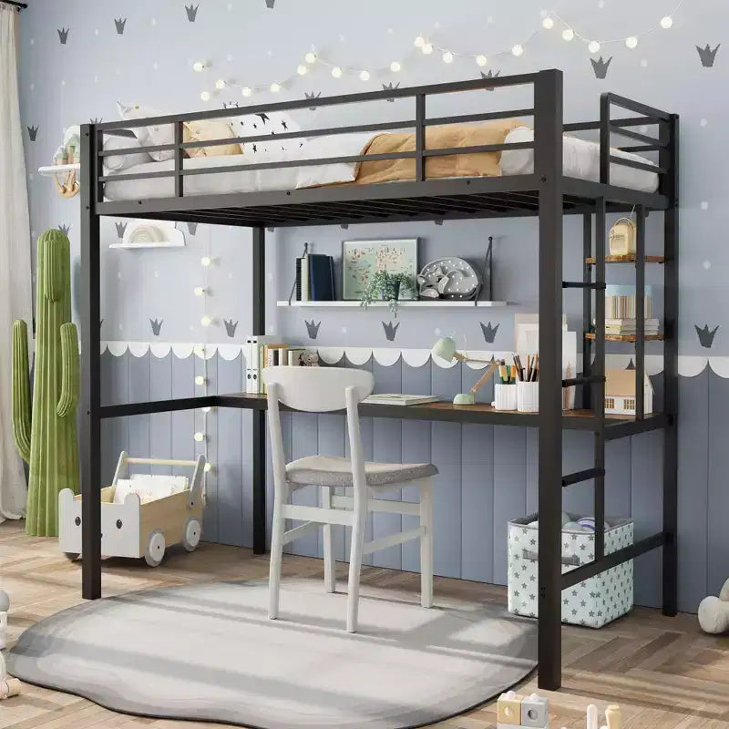 Twin Size Loft Bed with Large Desk and Storage Shelves, Metal Loft Bed with Safety Guardrail and Ladder, Space Saving, Steel Slats Support