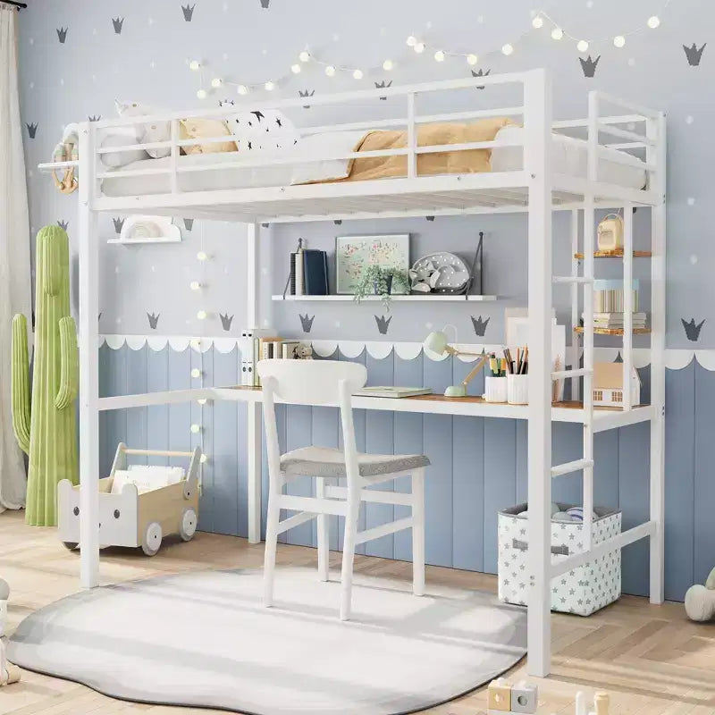 Twin Size Loft Bed with Large Desk and Storage Shelves, Metal Loft Bed with Safety Guardrail and Ladder, Space Saving, Steel Slats Support