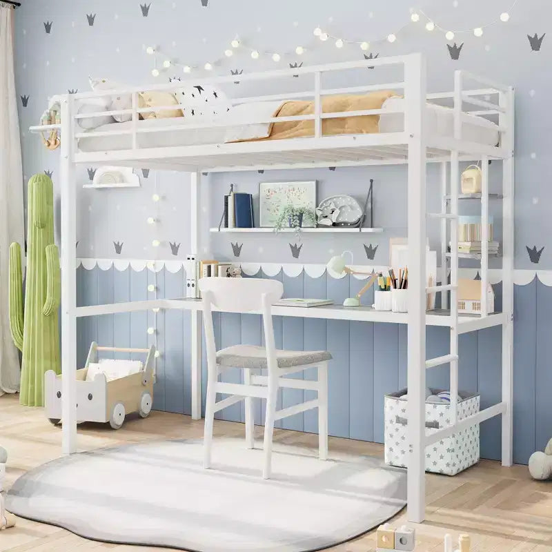 Twin Size Loft Bed with Large Desk and Storage Shelves, Metal Loft Bed with Safety Guardrail and Ladder, Space Saving, Steel Slats Support