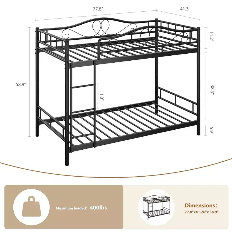 Bunk Bed Twin over Twin, Metal Bunk Bed with Safety Guardrail & Ladder, 400 LBS Weight Capacity, Space-Saving, No Box Spring Needed, Easy Assembly