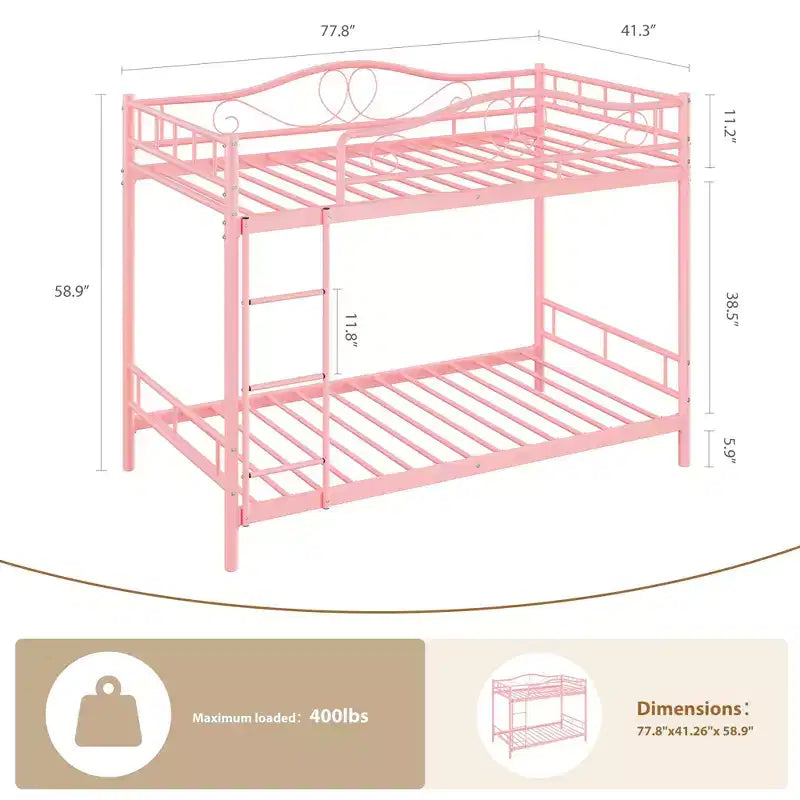 Bunk Bed Twin over Twin, Metal Bunk Bed with Safety Guardrail & Ladder, 400 LBS Weight Capacity, Space-Saving, No Box Spring Needed, Easy Assembly