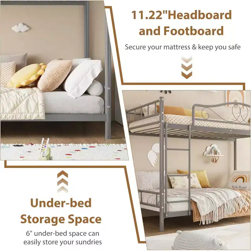Bunk Bed Twin over Twin, Metal Bunk Bed with Safety Guardrail & Ladder, 400 LBS Weight Capacity, Space-Saving, No Box Spring Needed, Easy Assembly
