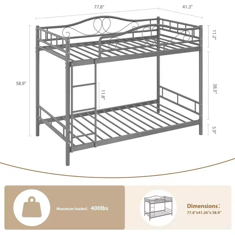 Bunk Bed Twin over Twin, Metal Bunk Bed with Safety Guardrail & Ladder, 400 LBS Weight Capacity, Space-Saving, No Box Spring Needed, Easy Assembly