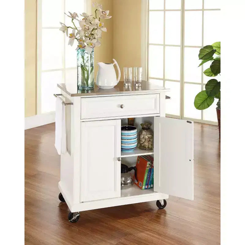 HomeStock 35.5 in.H Stainless Steel Kitchen Carts with 2 Doors and 1 Shelf