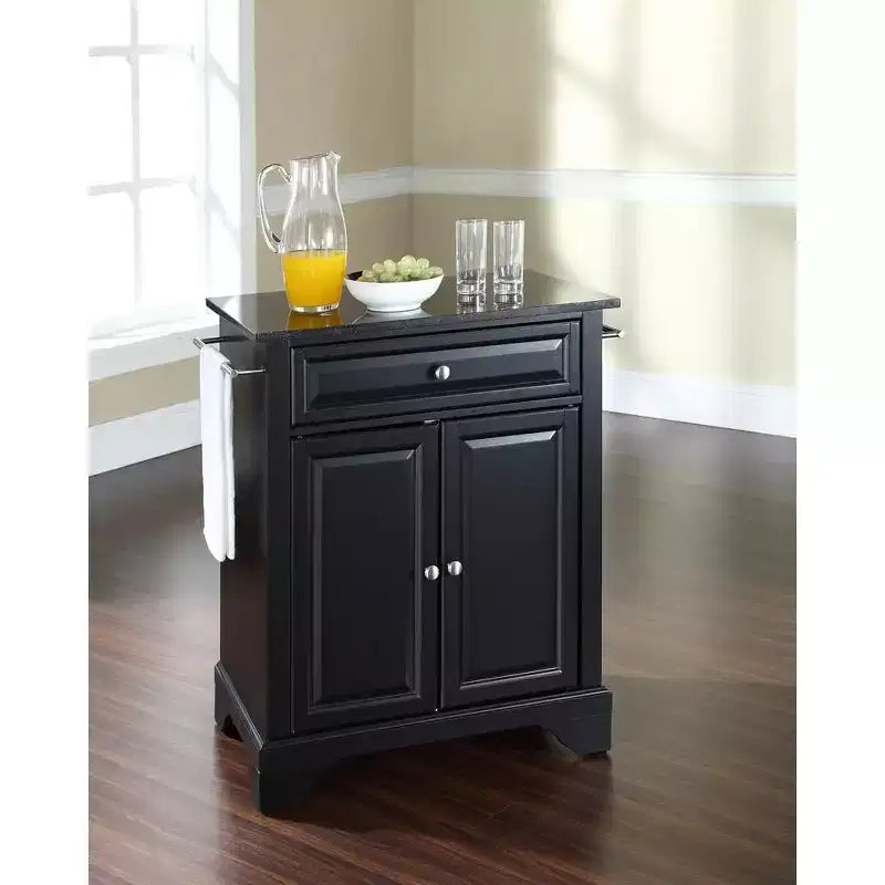 HomeStock LaFayette Granite Top Small Portable Rolling Kitchen Island Storage Cart, Microwave Stand, Black