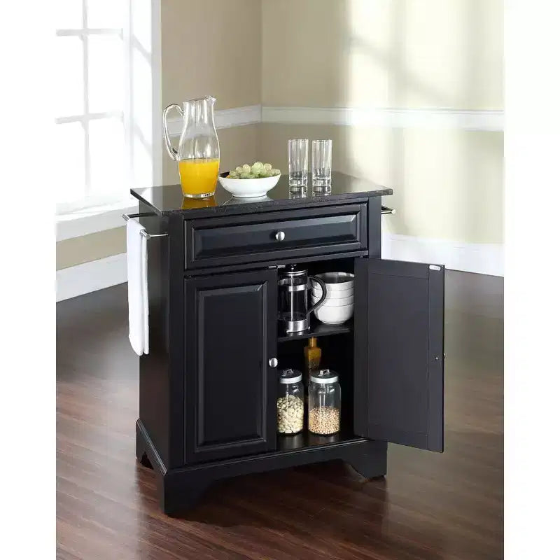 HomeStock LaFayette Granite Top Small Portable Rolling Kitchen Island Storage Cart, Microwave Stand, Black