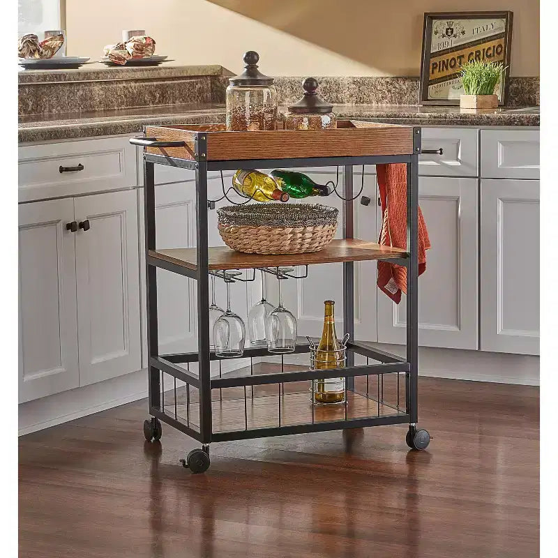 HomeStock 37 in.H Wood Veneer Kitchen Carts for Modular Kitchen with 3 Shelves