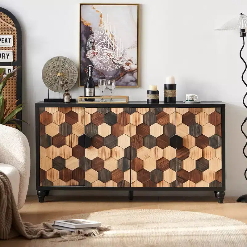 GDFStudio Lyra Modern 60 Wooden Honeycomb Pattern Sideboard Buffet Cabinet with 4 Doors